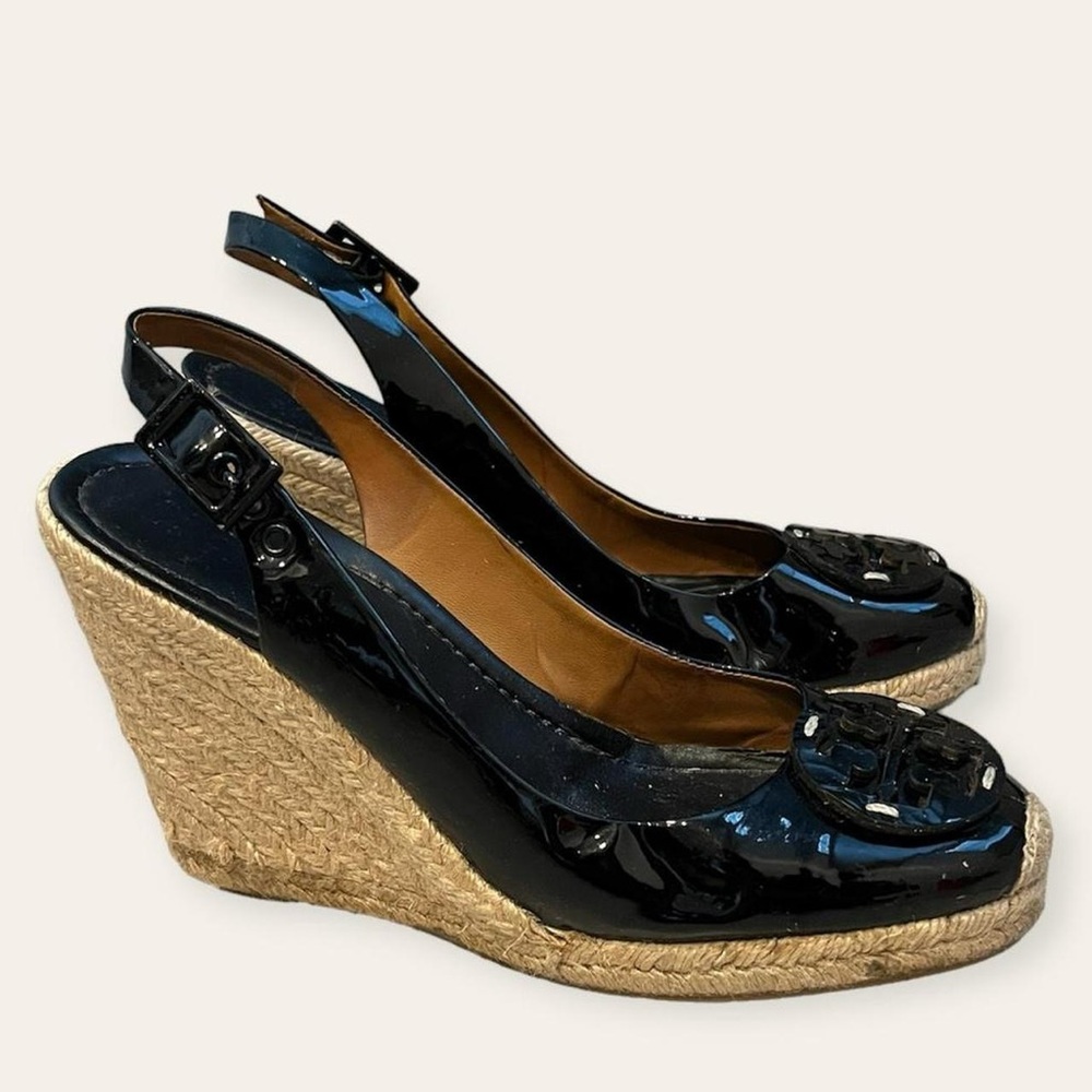 Tory Burch Black Patent Leather Round Toe Espadrille Slingback